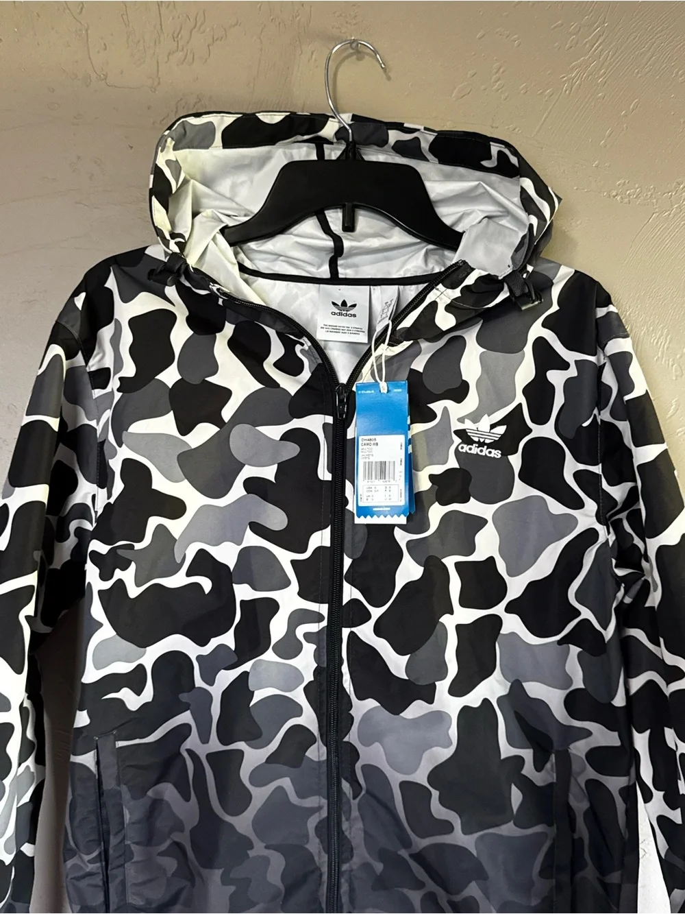 Adidas Originals Camo Windbreaker Jacket Small Black Gray White Hooded - Picture 5 of 7